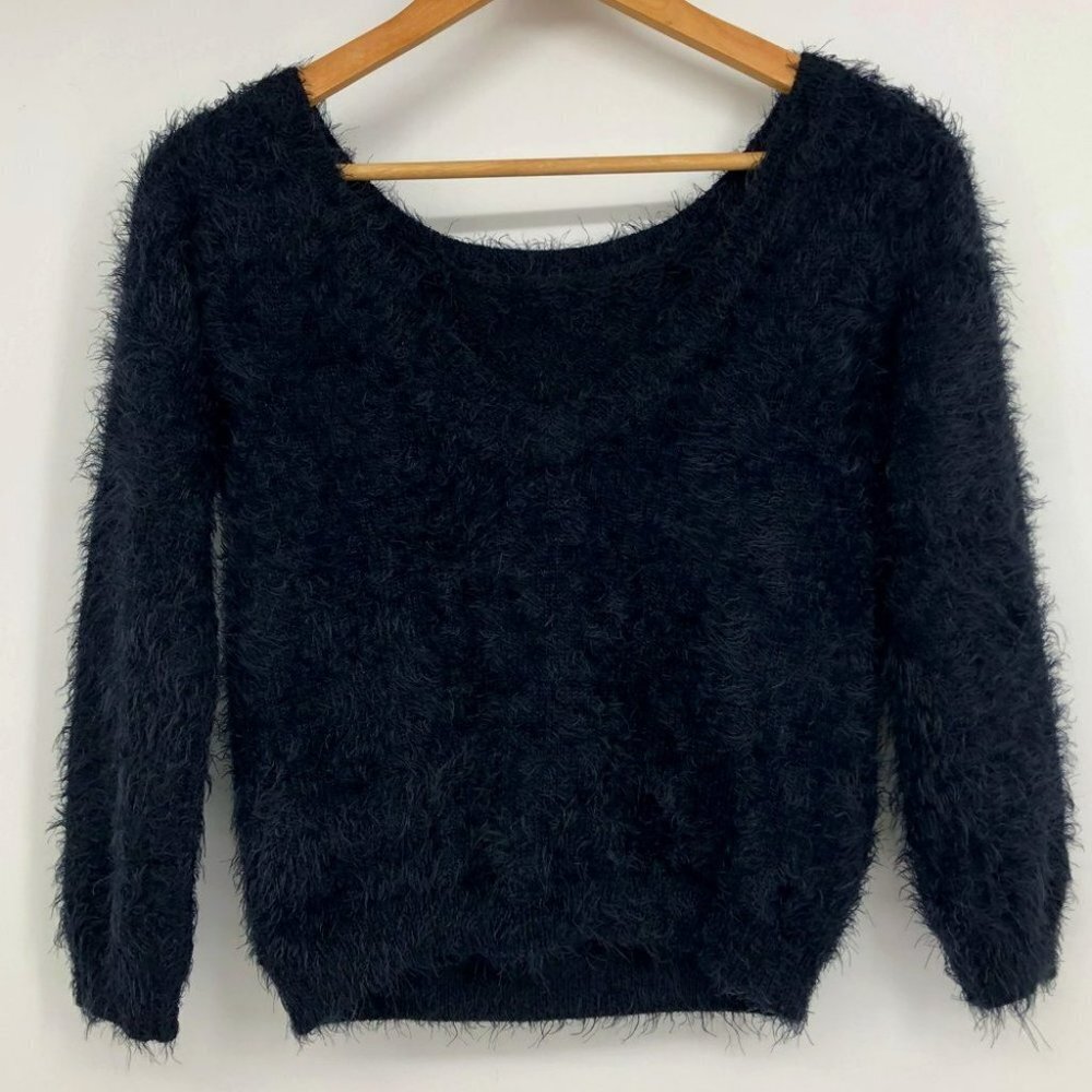 Monk & Lou Black  Eyelash Knit fuzzy soft sweater scoop or V neck 3/4 sleeve XS - Picture 3 of 15
